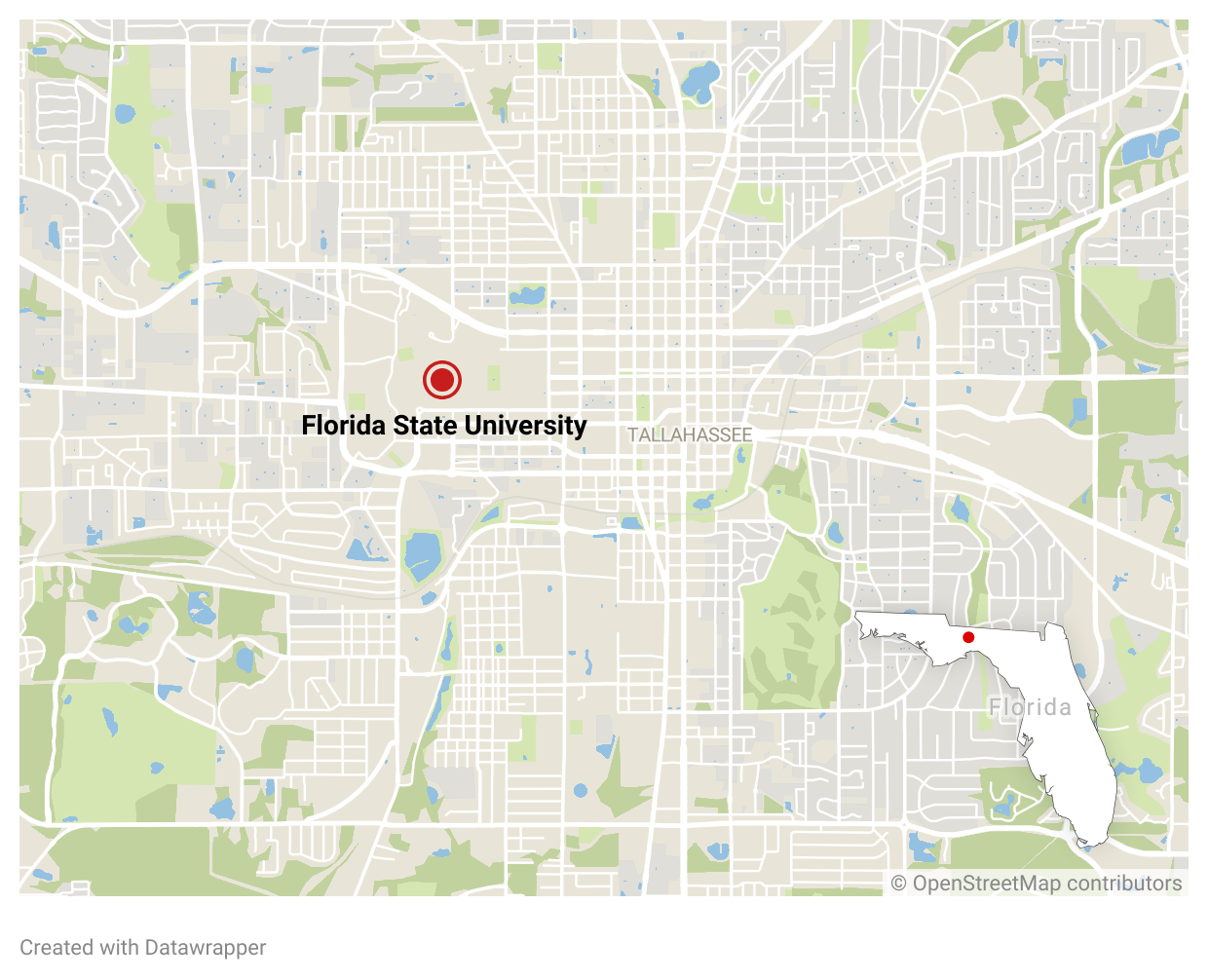 A map shows the location of Florida State University within the city of Tallahassee.